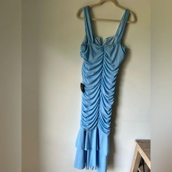 Lulus Blue Ruched Ruffle Midi Dress Size XL NWT - Picture 6 of 6